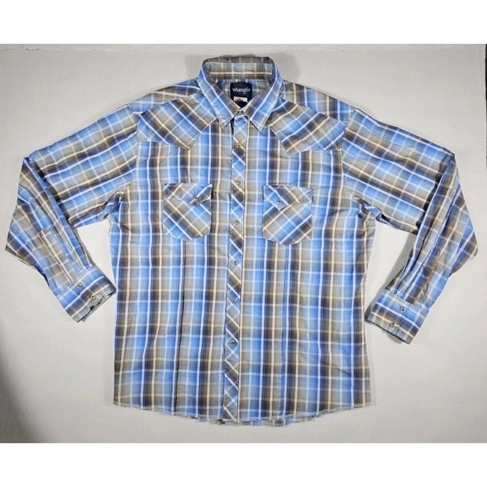 Wrangler Men's Long Sleeve Pearl‎ Snap Western Shirt Blue/Brown Plaid 2XL